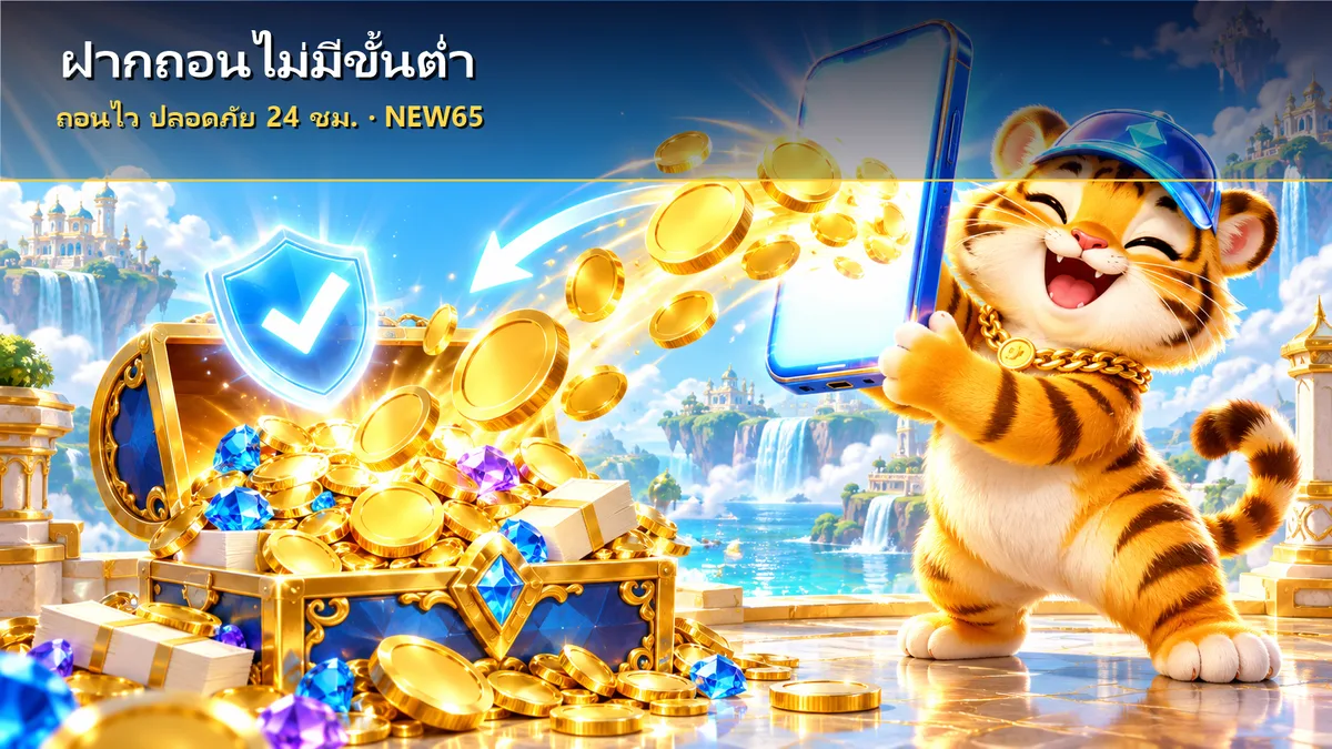 ลูกเสือถือมือถือ เหรียญทองไหลเข้าหีบสมบัติ พร้อมข้อความ ฝากถอนไม่มีขั้นต่ำ NEW65